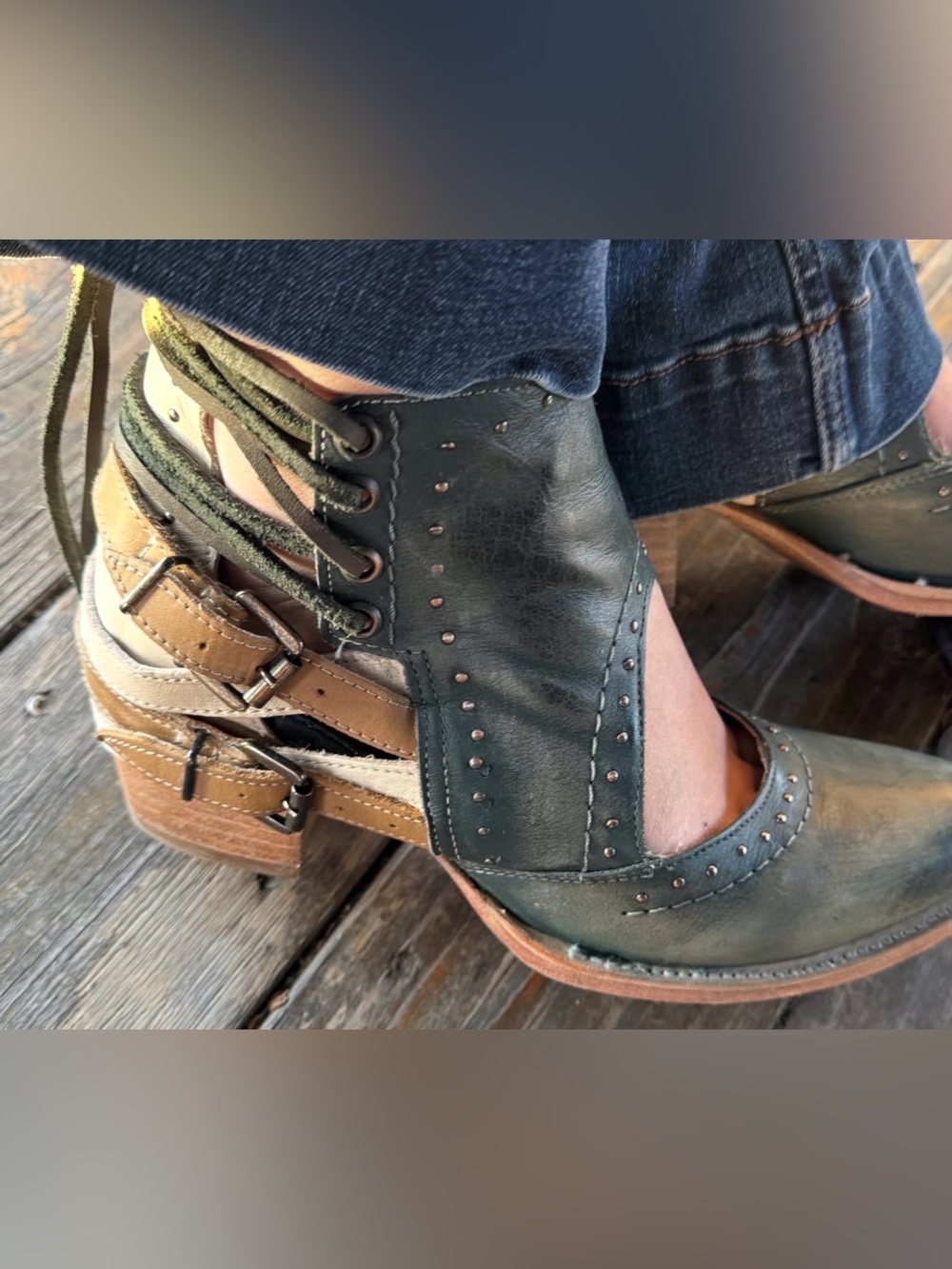 Freebird Desert Green Leather Lace-Up Ankle Boot with Stud Detail 11